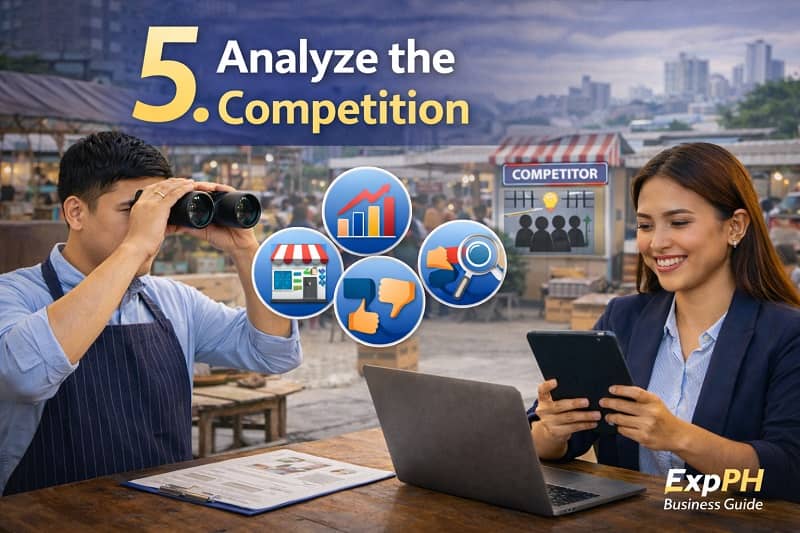 Filipino entrepreneurs analyzing competitors in a local market using data, trends, and customer insights