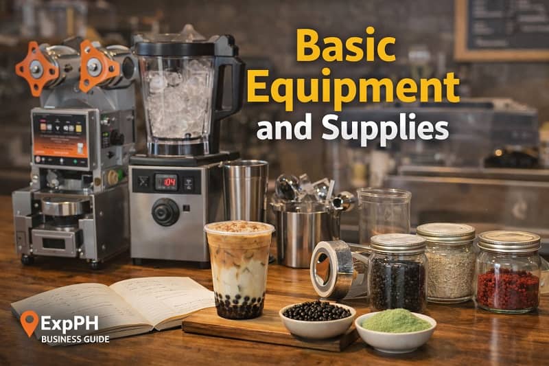 Milk tea equipment and ingredients setup including sealing machine, blender, and tapioca pearls in a Philippine shop setting
