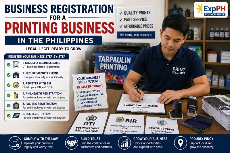 Printing business registration process in the Philippines showing business permits, BIR documents, and a print shop owner completing application forms