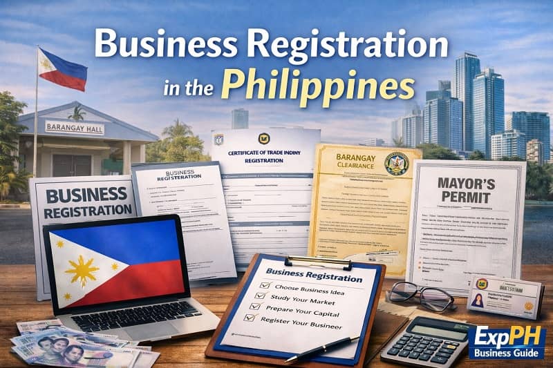 Business registration in the Philippines showing DTI certificate, barangay clearance, mayor’s permit, laptop with Philippine flag, and official documents in a local business setting