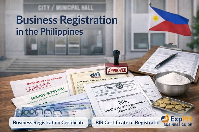 Business registration process in the Philippines with permits documents and official certificates on a desk in a government office setting