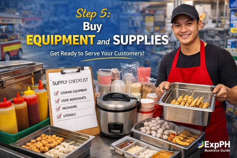 Food cart equipment and supplies including cooking tools utensils and kiosk setup in Philippines setting