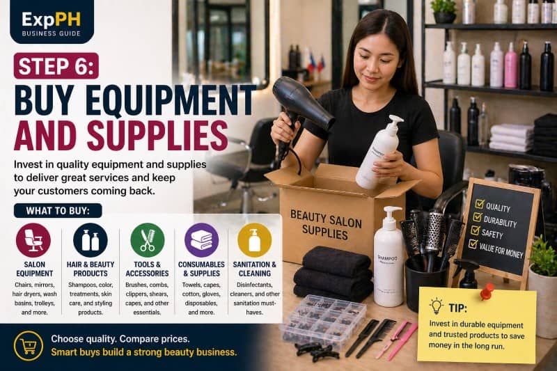 Beauty salon equipment and supplies in the Philippines including chairs mirrors hair tools and products arranged inside a modern salon