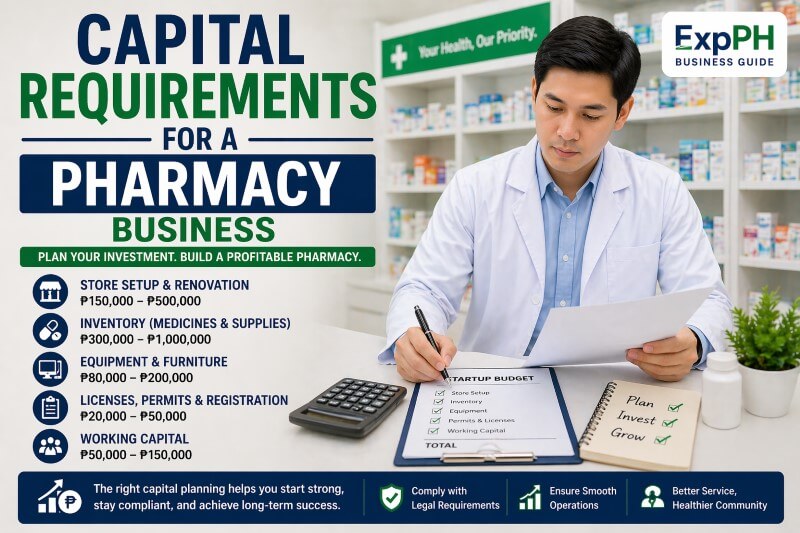 Filipino pharmacist reviewing startup budget documents in a pharmacy with cost breakdown for capital requirements and ExpPH Business Guide logo