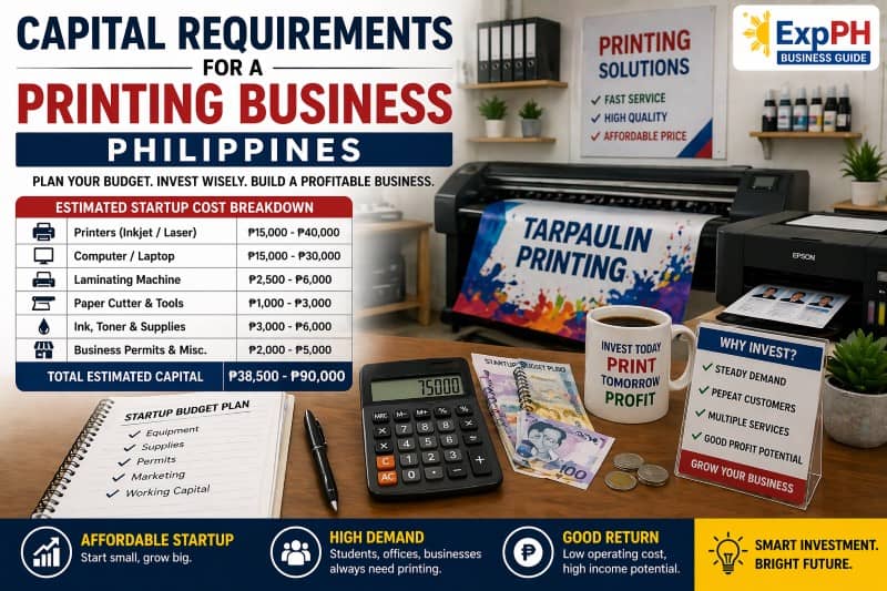 Printing business capital setup in the Philippines showing printers, budget planning, calculator, and startup cost breakdown for small print shop
