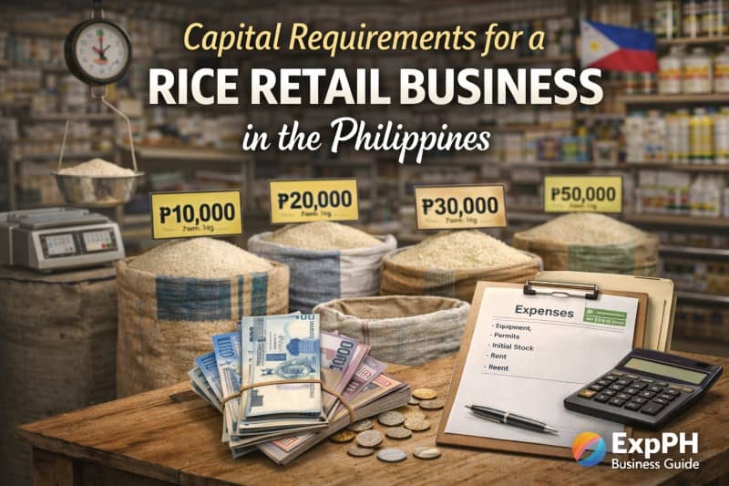 Philippine pesos, rice sacks with price tags, calculator, and expense list showing capital requirements for a rice retail business in the Philippines