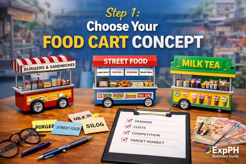 Food cart business concept selection with street food burgers and milk tea carts in Philippine setting