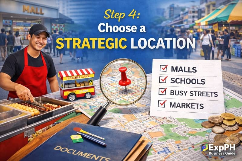Food cart vendor choosing strategic location with map checklist and busy street in Philippines setting