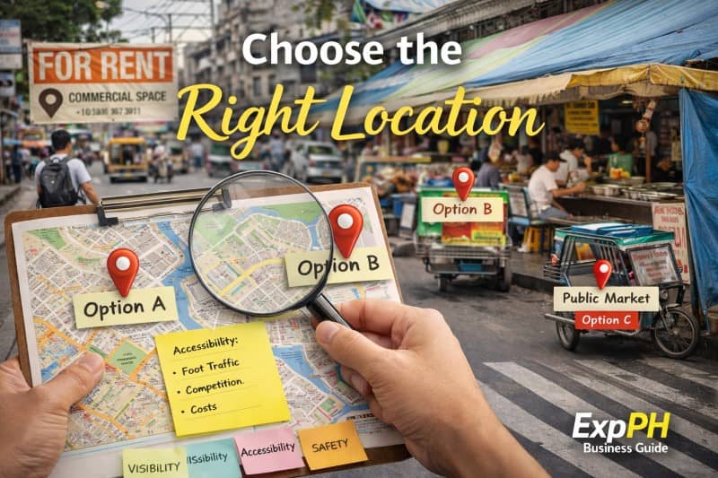 Selecting a carinderia location in the Philippines using a map, street view, and public market setting