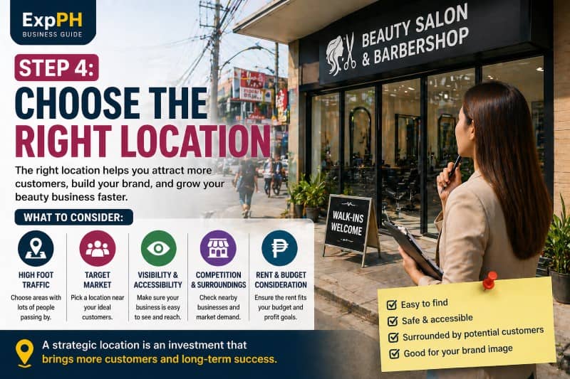 Entrepreneur evaluating a beauty salon and barbershop location on a busy Philippine street with high foot traffic and visible storefront