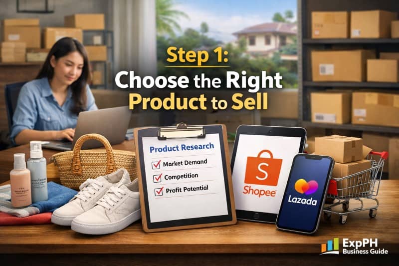 Filipino entrepreneur choosing products to sell online using Shopee and Lazada with product research checklist