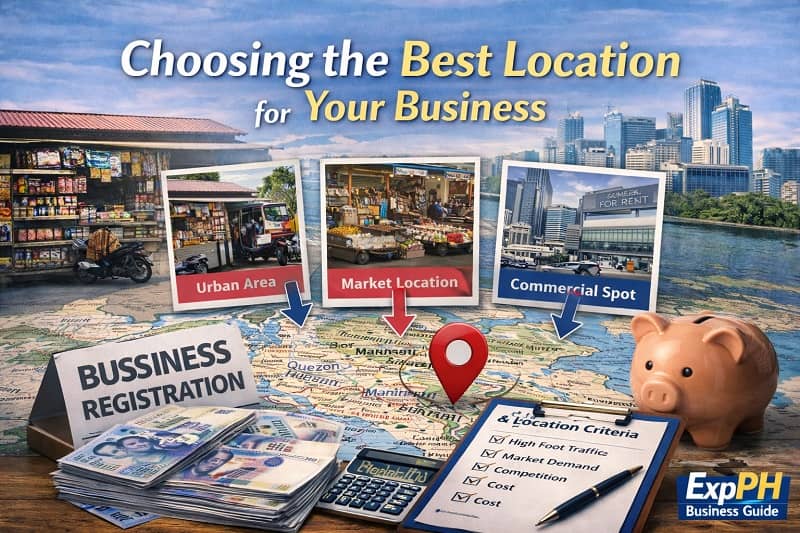 Choosing the best business location in the Philippines showing map with location pin, sari-sari store, market area, commercial buildings, and business planning tools
