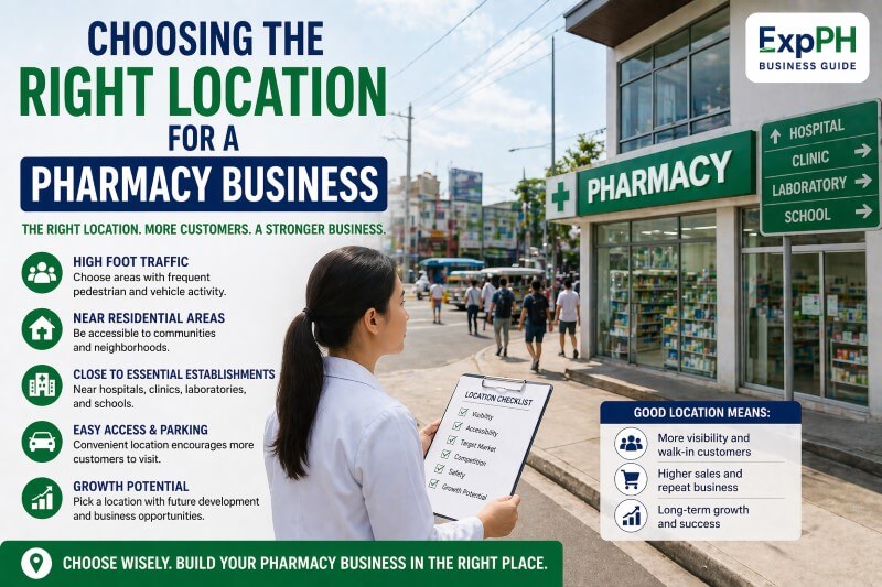 Pharmacy storefront in a busy Philippine street with a professional reviewing a location checklist, highlighting how to choose the right location for a pharmacy business with ExpPH Business Guide logo