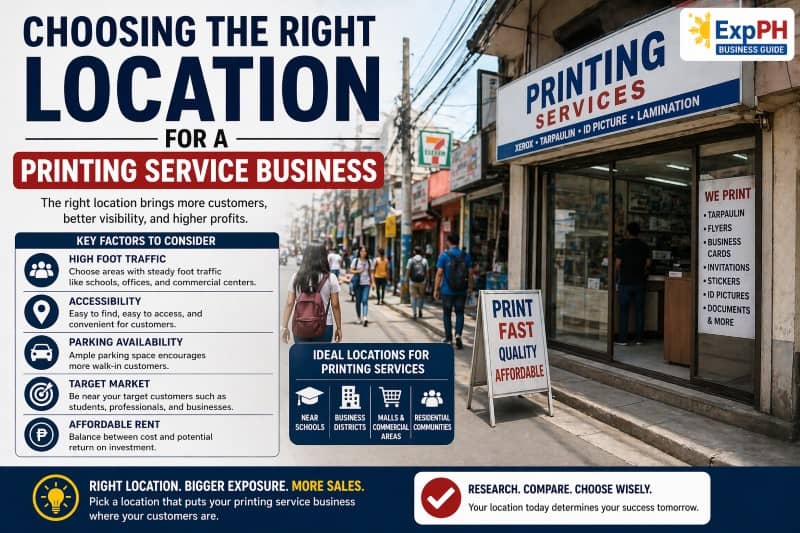 Printing service shop in the Philippines located on a busy street with high foot traffic, showing signage and walk in customers
