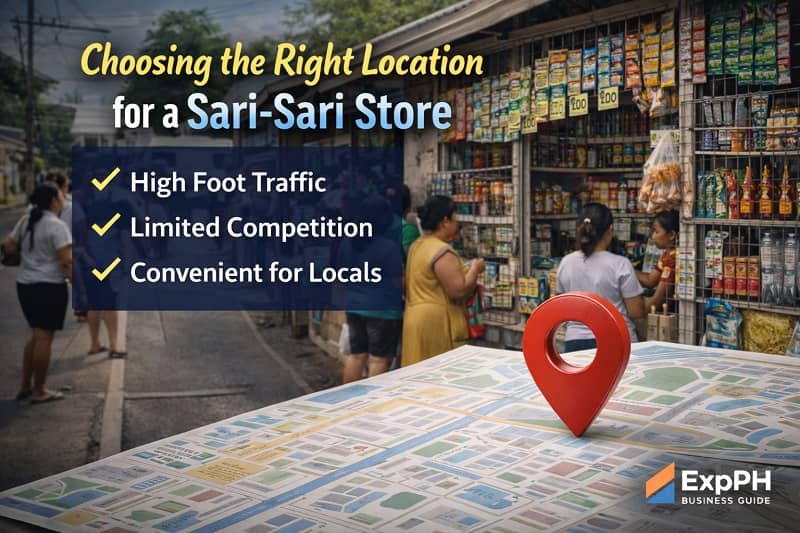 Busy Philippine sari-sari store with customers and map pin highlighting ideal business location with high foot traffic and accessibility for local community