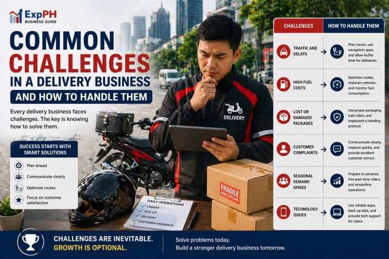 Filipino delivery rider facing delivery challenges with packages, motorcycle, and tablet showing solutions in the Philippines