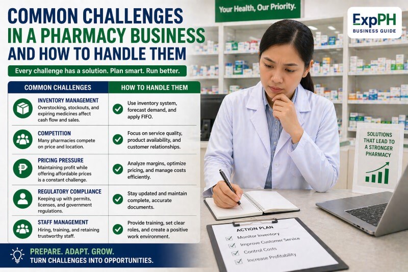 Filipino pharmacist reviewing notes and solving business challenges inside a pharmacy, showing common pharmacy challenges and solutions with ExpPH Business Guide logo