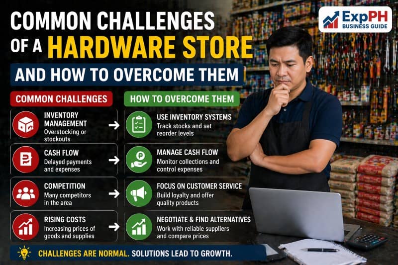 Filipino hardware store owner analyzing business challenges using a laptop inside a hardware shop, representing common problems and solutions in a hardware store business