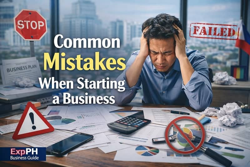 Stressed Filipino entrepreneur reviewing failed business documents with warning signs and financial reports on desk