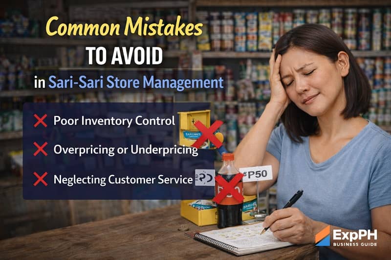 Filipina sari-sari store owner looking stressed while reviewing notes and inventory mistakes inside a small neighborhood store in the Philippines