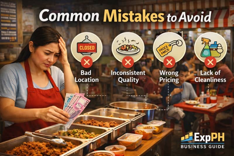 Filipina carinderia owner looking stressed while handling money and food, showing common mistakes to avoid when starting a carinderia business in the Philippines