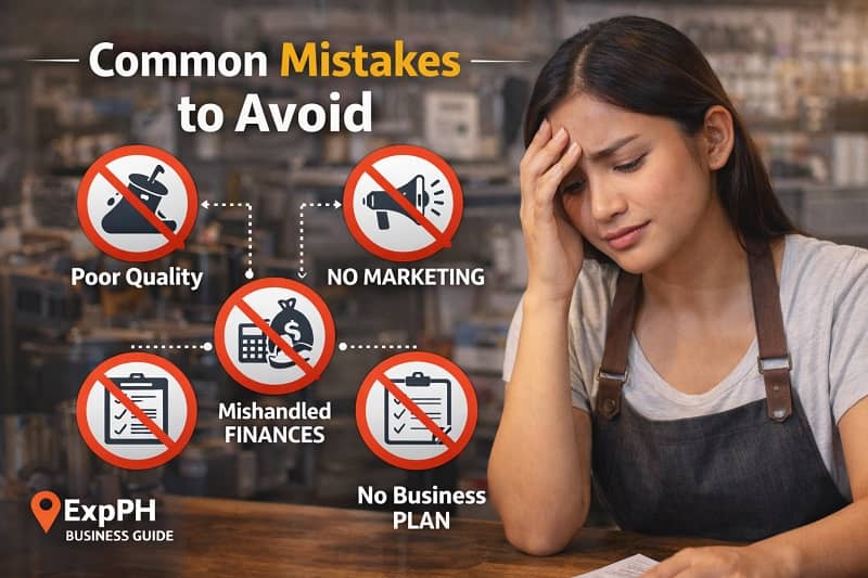 Filipina milk tea shop owner stressed with icons showing common business mistakes like poor quality and no marketing