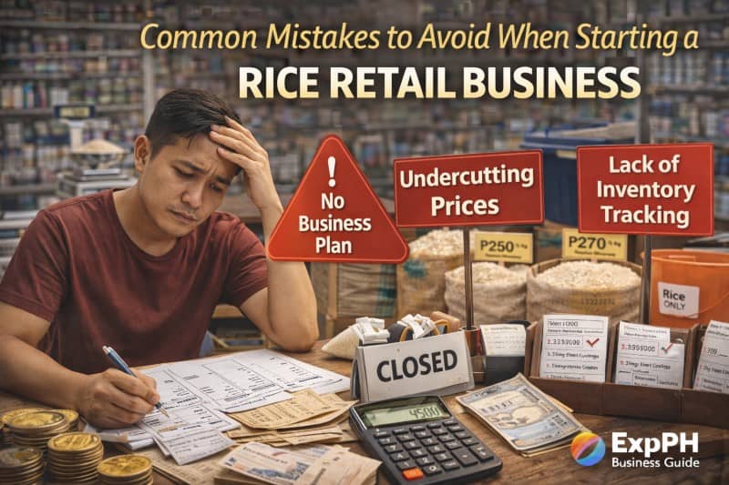 Filipino rice store owner stressed with bills and calculator showing common mistakes to avoid when starting a rice retail business