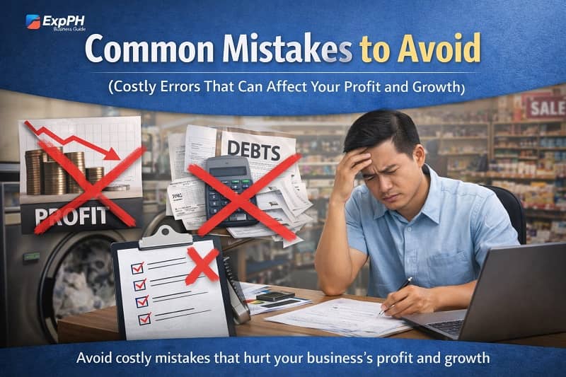 Filipino business owner stressed while reviewing documents with declining profit chart and debt papers in a retail store setting