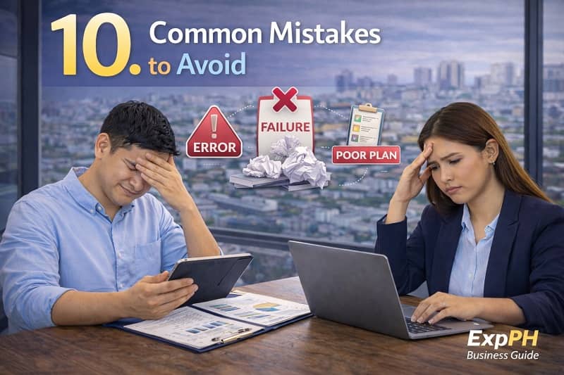 Filipino professionals stressed over business errors with warning icons in a modern office setting