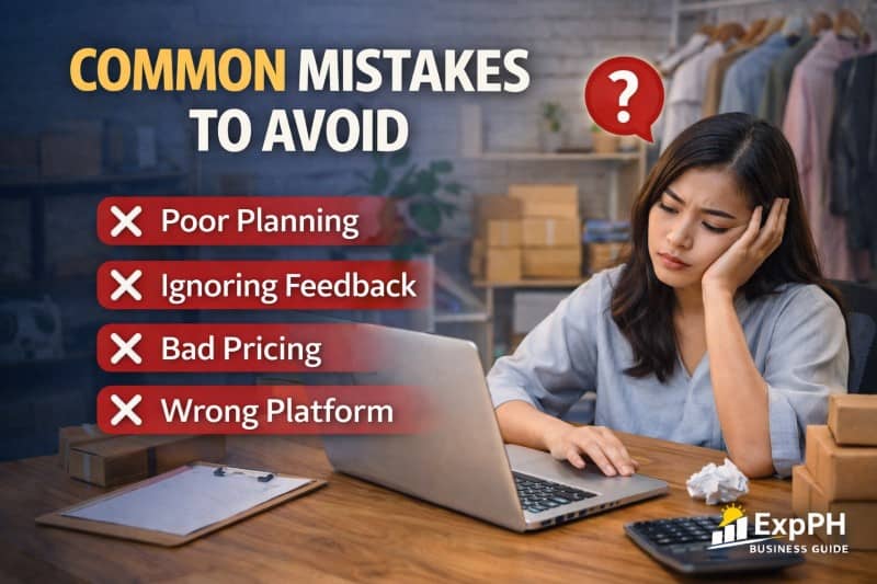 Filipino online seller looking stressed while managing business mistakes on laptop with notes and packages in a home workspace
