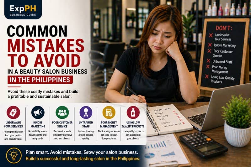 Salon owner in the Philippines reviewing business mistakes checklist with financial documents and laptop inside a modern beauty salon