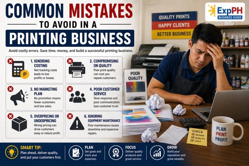 Printing business mistakes in the Philippines showing poor planning, pricing errors, and low quality printing in a print shop setup