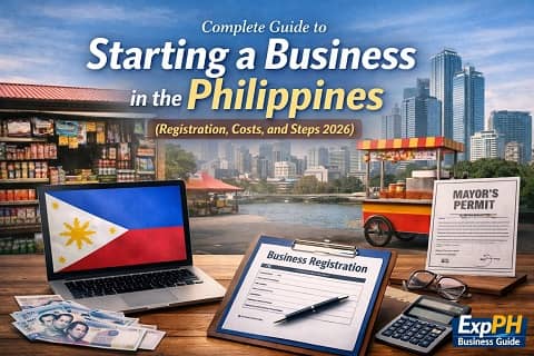 Starting a business in the Philippines guide showing registration documents, money, laptop with Philippine flag, and small local businesses like sari-sari store and food cart