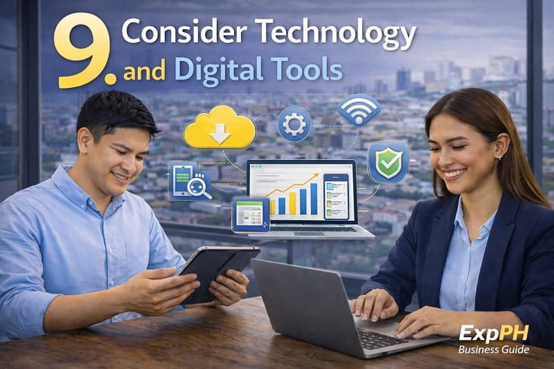 Filipino professionals using laptop and tablet with digital technology icons in a modern office setting