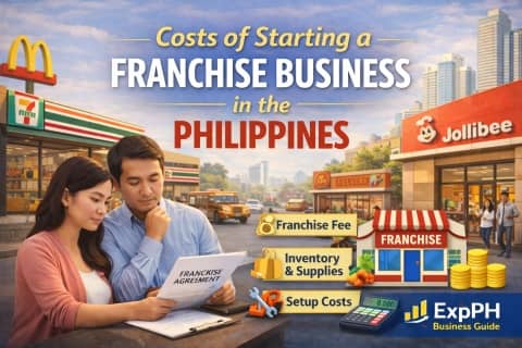 Filipino couple reviewing franchise costs with food and retail franchise stores in the Philippines and ExpPH Business Guide logo