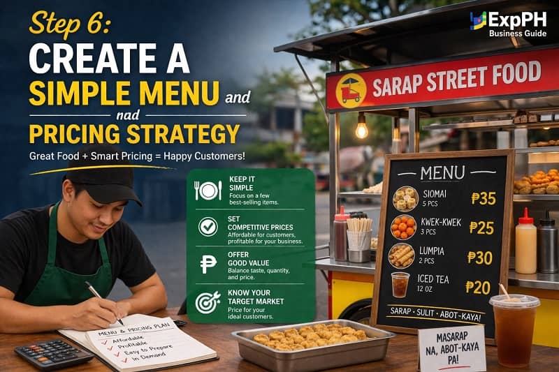 Food cart vendor creating menu and pricing strategy with chalkboard menu and cost calculation in Philippines setting