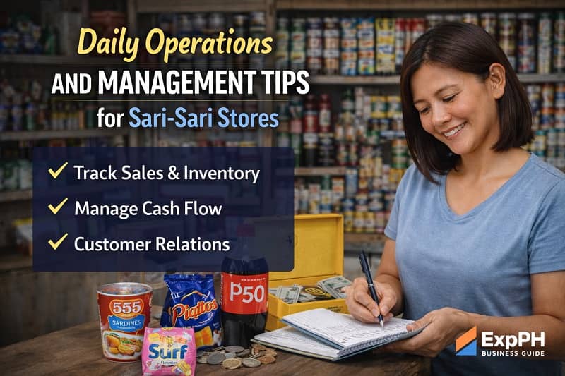 Filipina sari-sari store owner managing daily operations with notebook, inventory tracking, and customer transactions inside a neighborhood store in the Philippines