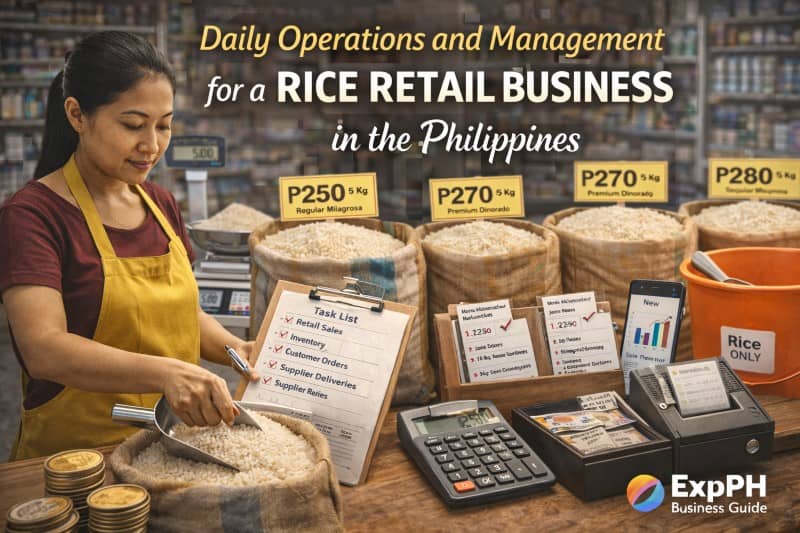 Filipino rice store owner managing inventory, sales, and daily tasks with rice sacks, calculator, and checklist in a rice retail business