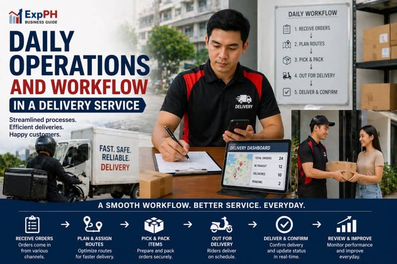 Filipino delivery rider managing orders and workflow using smartphone and dashboard with delivery process steps in the Philippines