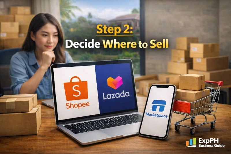 Filipino online seller choosing between Shopee Lazada and Facebook Marketplace for online business