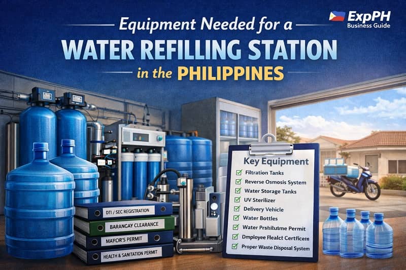 Water refilling station equipment in the Philippines including filtration system, storage tanks, and water containers