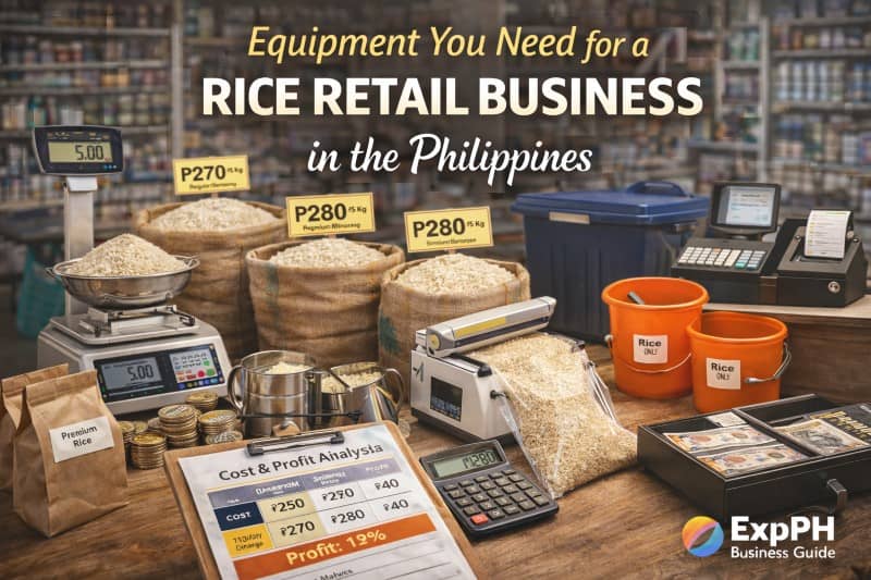 Rice retail business equipment including weighing scale, rice sacks, storage containers, sealing machine, and POS system in a Philippine store