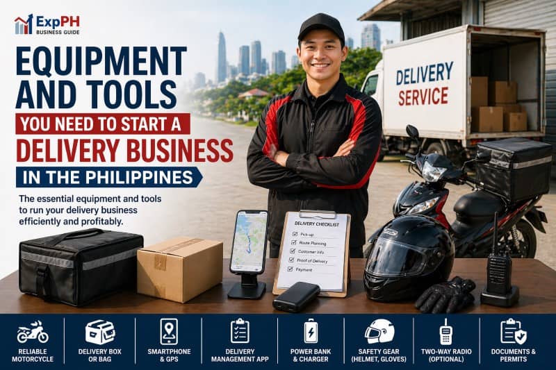 Filipino delivery rider with motorcycle, delivery box, smartphone, and equipment showing tools needed for delivery business in the Philippines