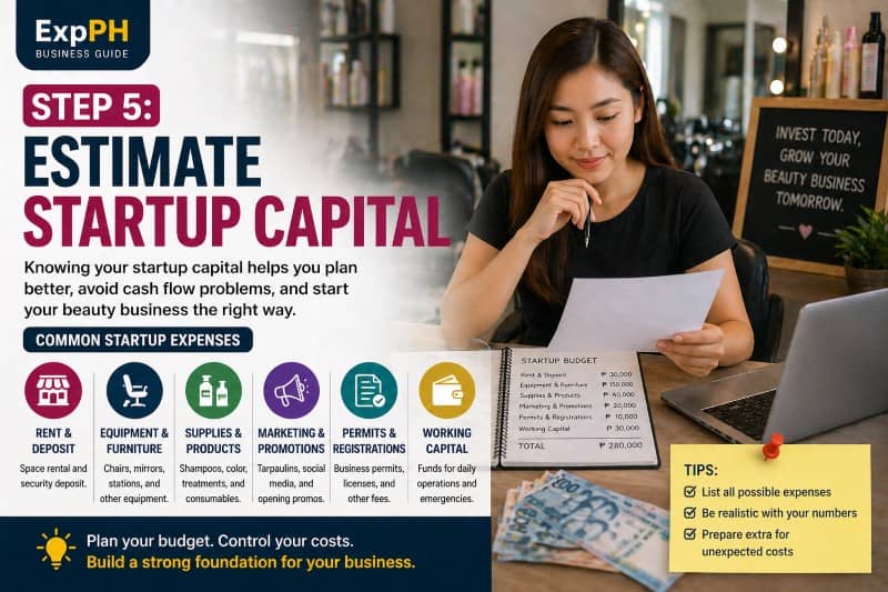 Filipino entrepreneur reviewing startup budget and expenses for a beauty salon business with cash documents and laptop on a table
