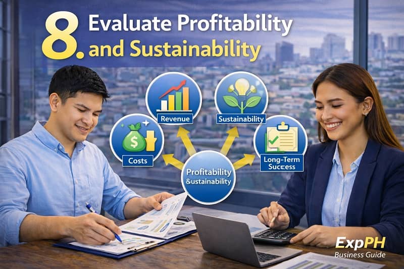 Filipino entrepreneurs analyzing business costs, revenue, and sustainability using financial data in a modern office setting
