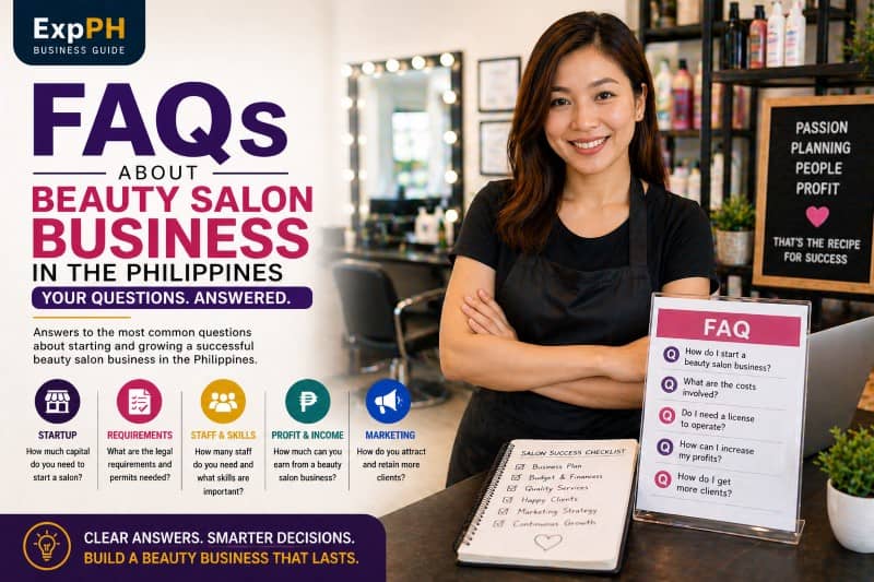 Filipino salon owner presenting frequently asked questions about starting a beauty salon business Philippines inside a modern salon setting