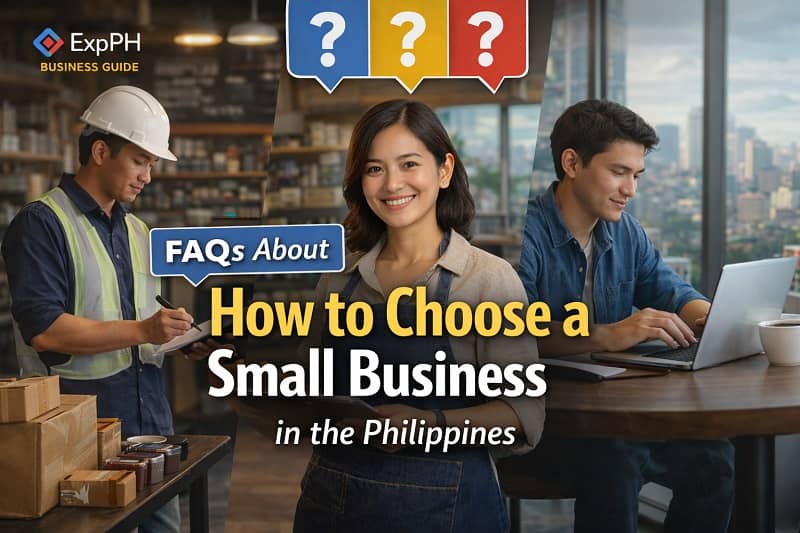 Filipino entrepreneurs in café, retail, and freelance settings with FAQ icons, representing common questions about choosing a small business in the Philippines