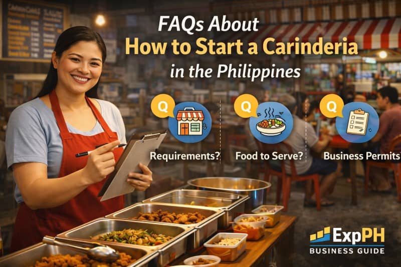 Filipina carinderia owner holding a checklist while serving food, representing frequently asked questions about starting a carinderia business in the Philippines