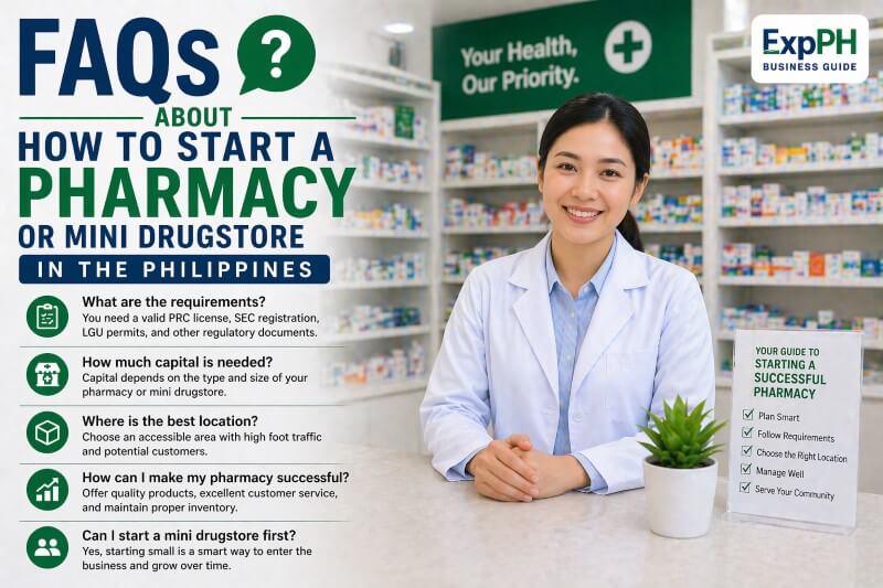 Filipino pharmacist inside a modern pharmacy showing how to start a pharmacy in the Philippines, with FAQ text about starting a mini drugstore and ExpPH Business Guide logo