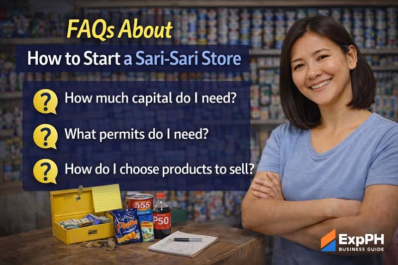 Filipina sari-sari store owner answering customer questions about how to start a sari-sari store, with shelves of products and icons representing frequently asked questions in the Philippines